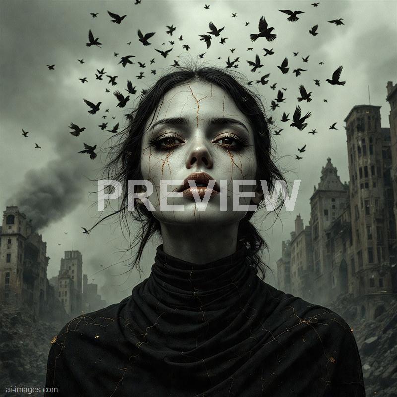 A woman with pale, cracked skin and dark, dramatic makeup faces the camera against a dystopian cityscape with damaged buildings and smoke in the background. Her dark hair is slightly messy, and a flock of black birds is flying overhead, creating a haunting atmosphere. The overall tone of the image is dark and surreal, emphasizing a sense of decay and desolation.